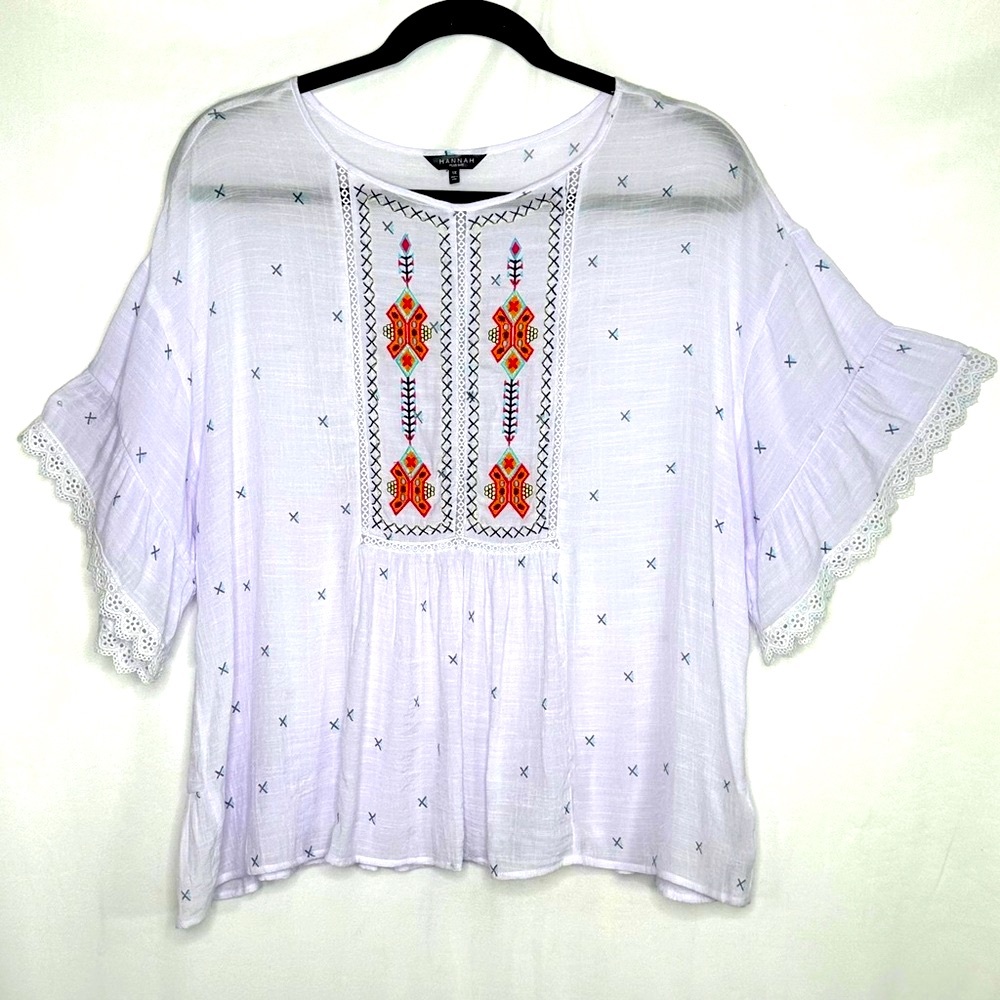 Embroidered Blouse Popover Women 1X Ruffle‎ Sleeve Lace Bohemian Festival